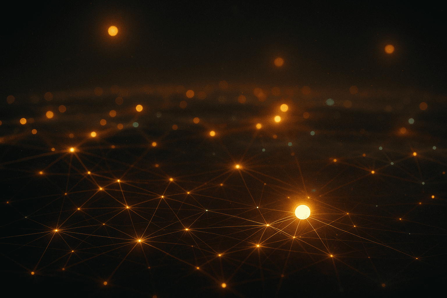 Vast interconnected web of golden nodes blooming across a dark worldscape